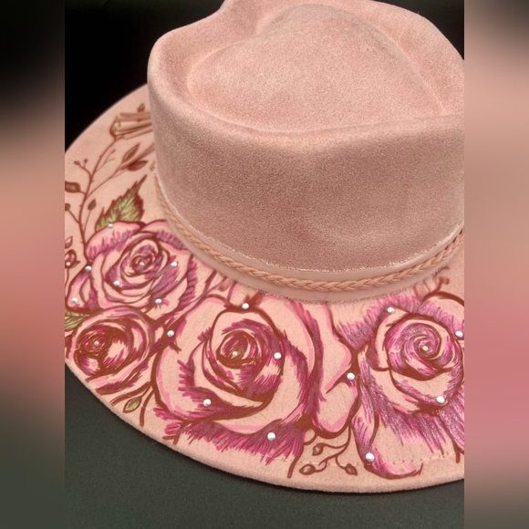 Hand Painted & Wood-Burned Boho Felt Hat Pink Floral Western Fedora - Picture 3 of 3